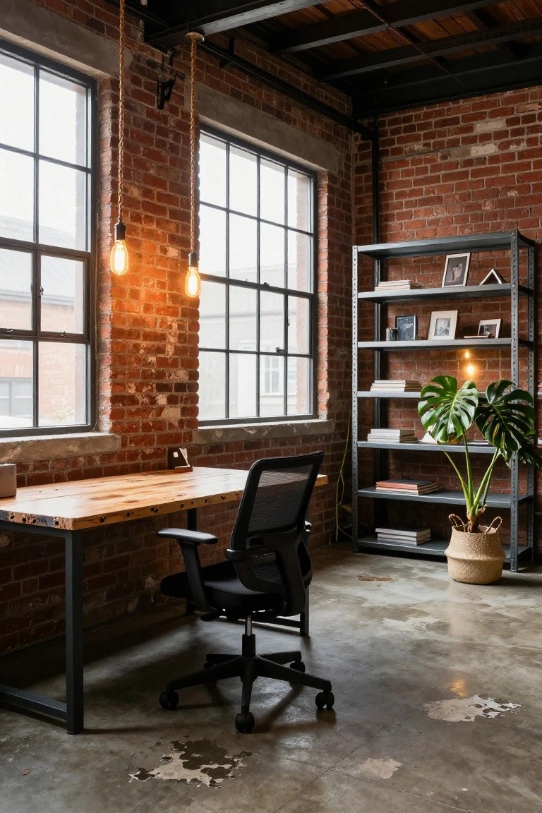 Home office interior with red exposed brick walls, wooden desk on black metal legs, black mesh chair, metal shelving unit holding books and a monstera plant in a basket, pendant lights, large windows, and polished concrete floor.