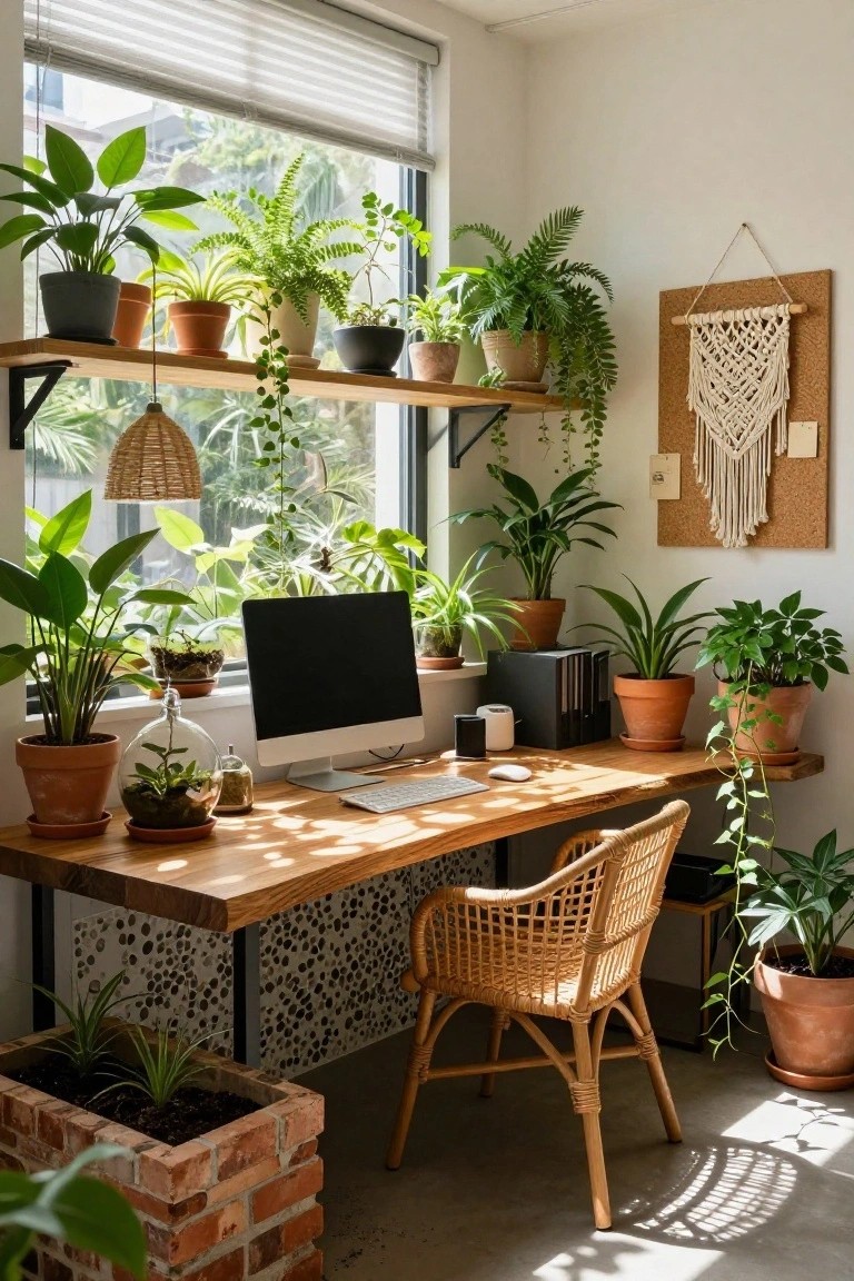 Bright home office with wooden desk holding iMac monitor, keyboard, and accessories, surrounded by numerous potted plants on shelves, windowsill, and floor, rattan chair, macrame wall hanging, and large window with sheer blinds.
