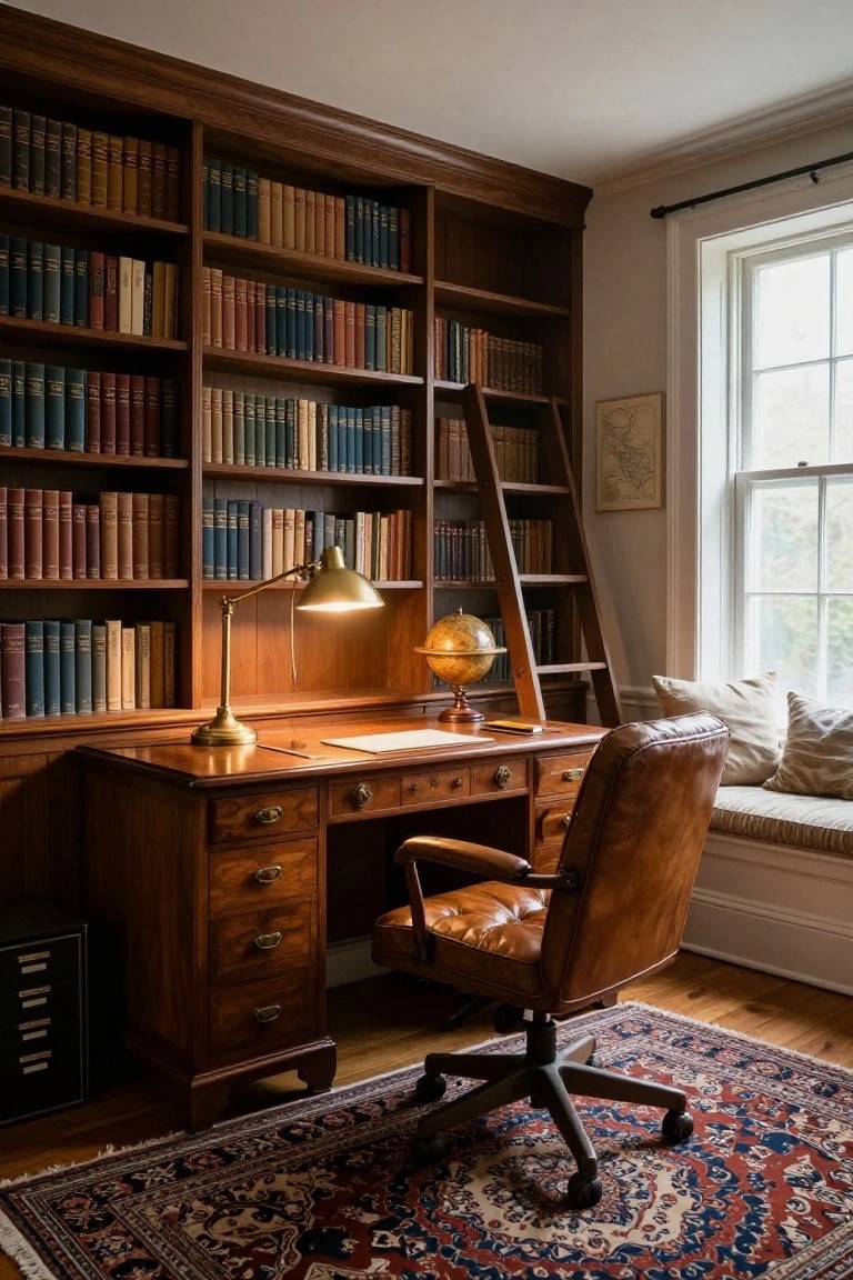A home office with dark wooden built-in bookshelves covering most walls, filled with books, a wooden desk with brass lamp and globe, leather chair, rolling ladder, and window seat.