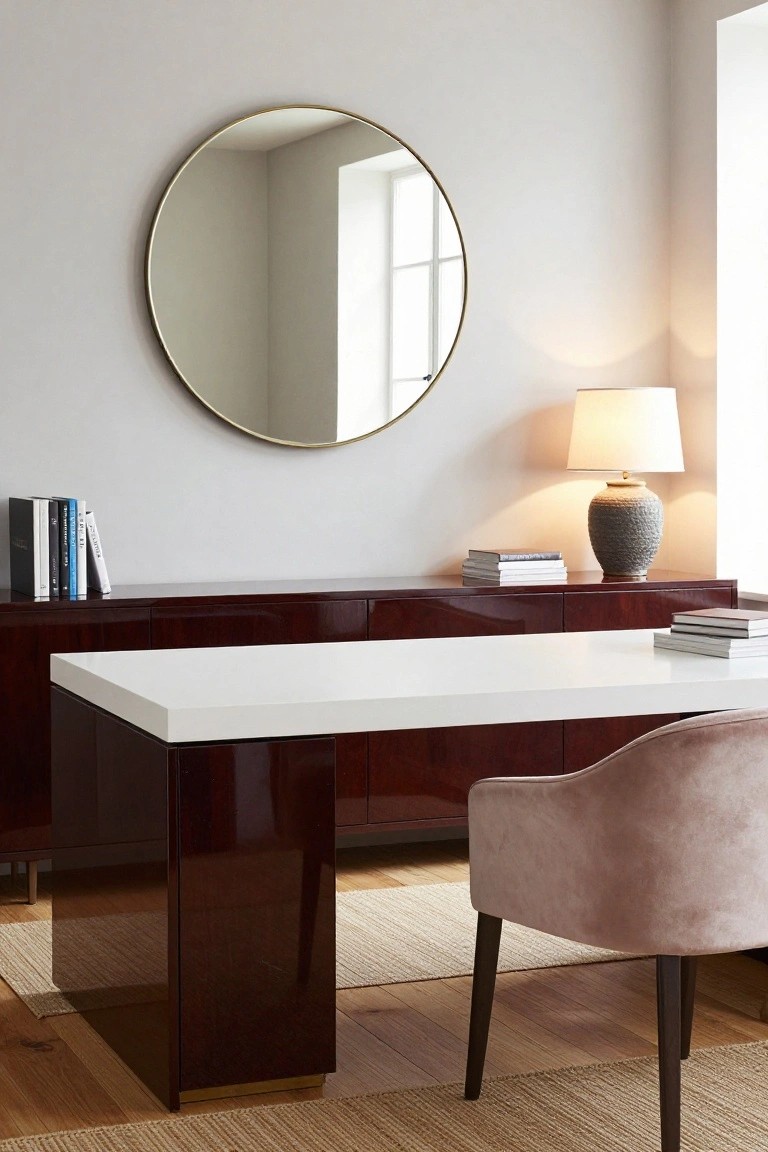 Home office with dark glossy wood credenza and cabinets topped by white desk surface, pink velvet armchair, large brass-framed round mirror on wall, textured gray lamp, and books on shelves.