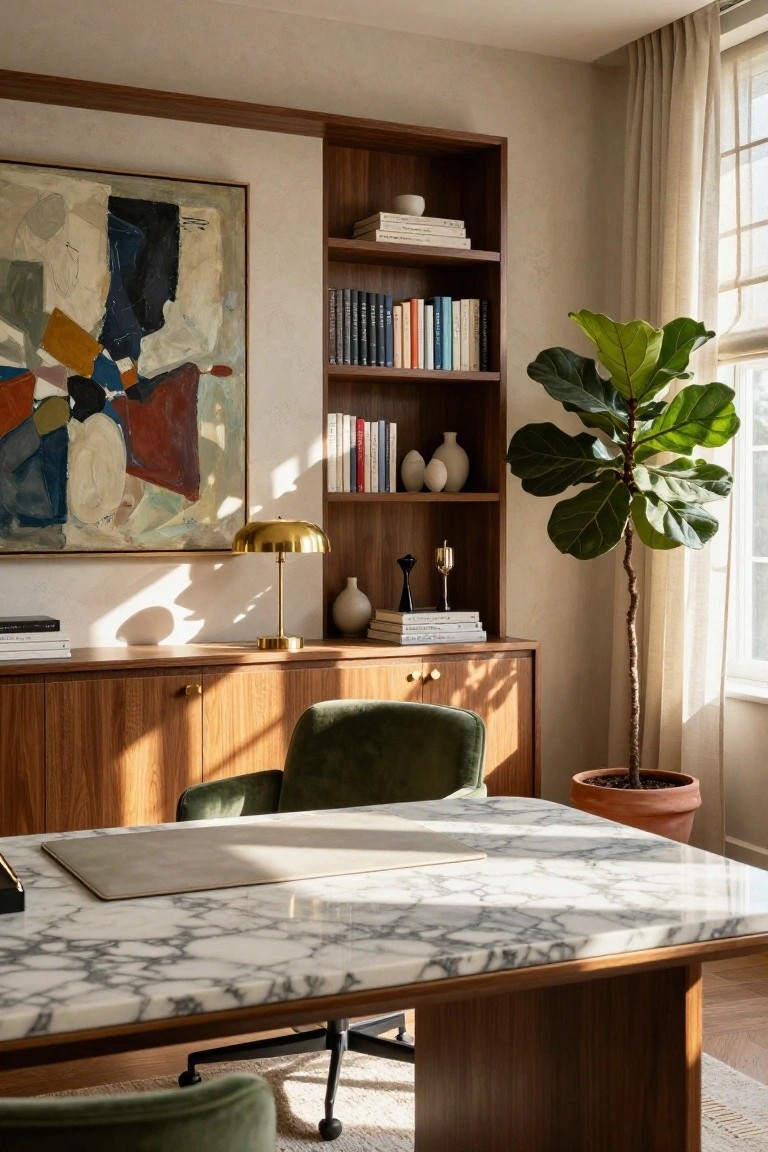 Modern office with marble desk, green velvet chair, abstract art, and fiddle-leaf fig.
