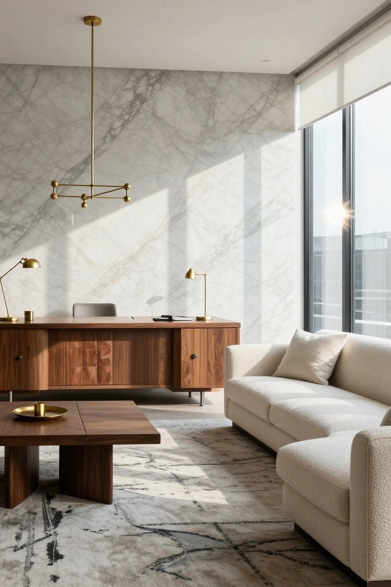 Modern home office with white marble accent wall, wooden executive desk, gold pendant light and desk lamps, white sofa, coffee table, and large windows with blinds.