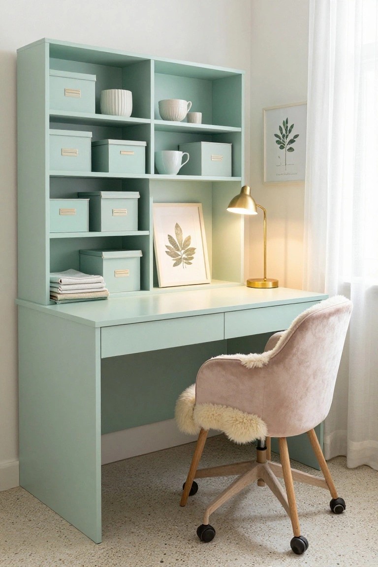Mint green corner desk unit with integrated upper open shelves containing white storage boxes, ceramics, books, and plants, plus a gold desk lamp, framed leaf art, stacked linens, and pink velvet armchair with sheepskin on wooden legs.