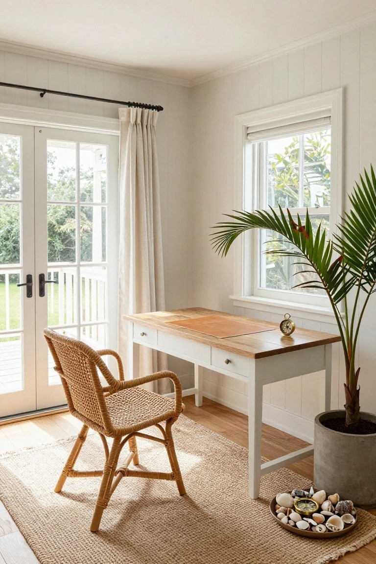 Bright home office corner featuring a wooden desk with leather blotter and brass clock, rattan armchair, tall potted palm plant next to a window, seagrass rug with seashells, white shiplap walls, and French doors to a balcony overlooking trees and grass.