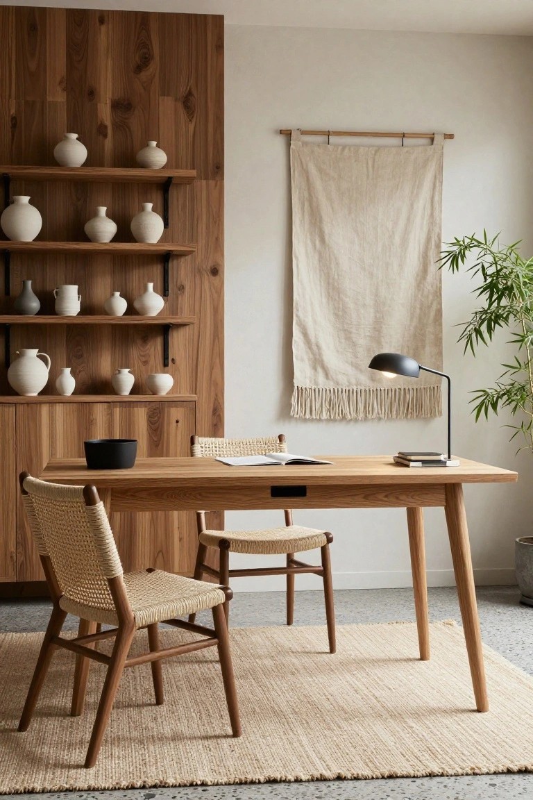 Home office with light wooden desk and two rattan chairs, open shelves on wood-paneled wall displaying white ceramic vases and pots, black desk lamp, hanging beige fringed tapestry, potted bamboo plant, black bowl on desk, and seagrass rug on floor.