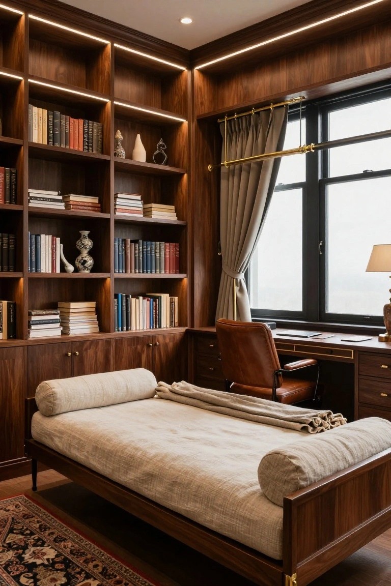 Walnut-paneled home office with floor-to-ceiling built-in bookshelves filled with books and ceramics, wooden desk and leather chair, low beige daybed, large curtained window, and Persian rug on wood floor.