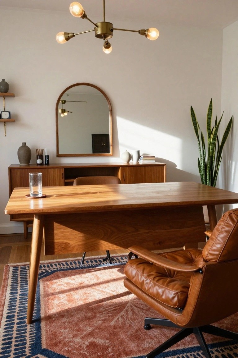 Home office interior with wooden desk and credenza, tan leather swivel chair, arched wood mirror, brass five-light chandelier, snake plant, ceramic vases, and glass of water on white walls and wood floor.