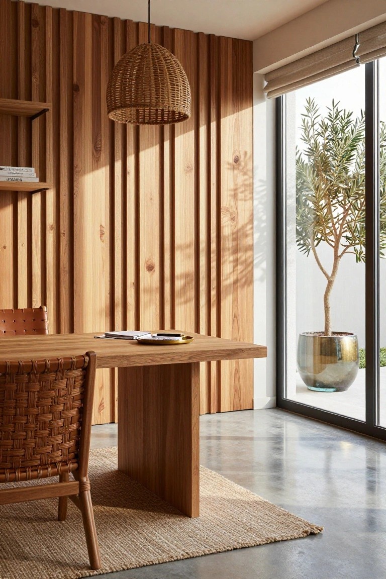 Home office with vertical light wood slat wall, oak desk and woven chair, rattan pendant light, floating shelves with books, and window showing olive tree in metallic pot.