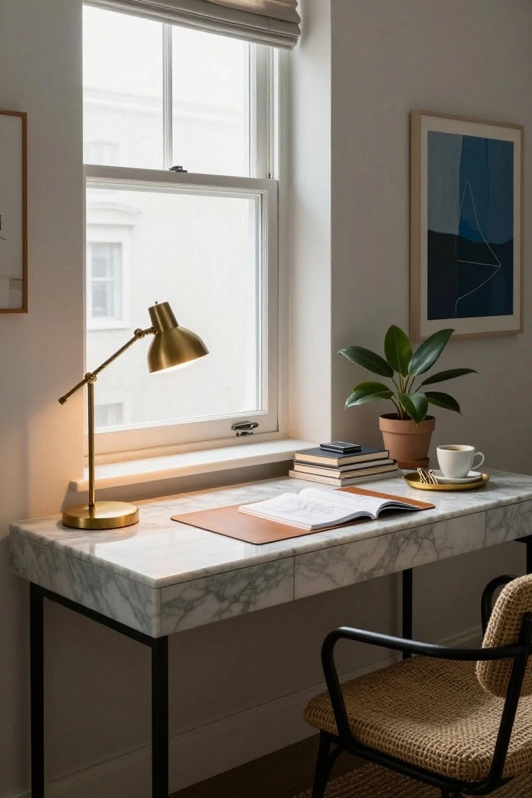 A white veined marble desk with black metal legs and drawers, topped with a gold adjustable desk lamp, open brown leather notebook, stacked books, gold paperclip tray with white coffee cup and saucer, next to a potted green plant, in a room with large window, blue abstract wall art, and rattan chair.