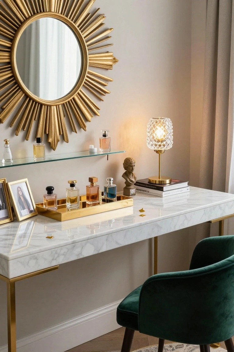 White marble-topped desk with gold legs and frame holding a gold tray of perfume bottles, a sculpture, books, and photo frames, beside a green velvet chair and under a gold sunburst mirror on a beige wall.