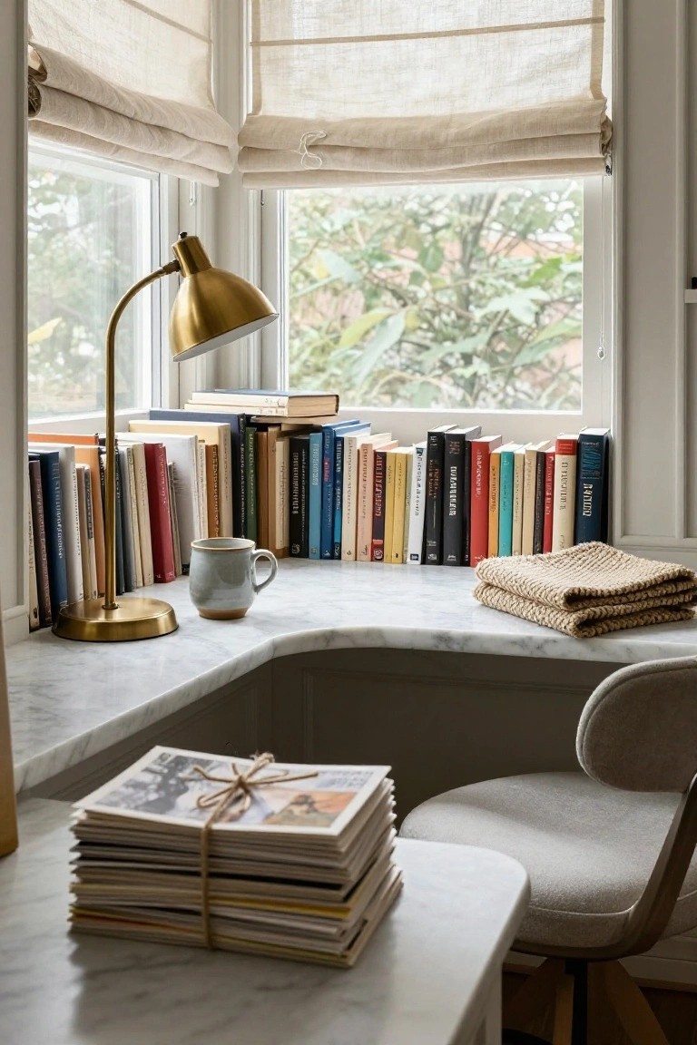 Curved white marble desk surface in a bay window nook with stacked books on shelves, brass adjustable lamp, ceramic mug, bundled magazines tied with twine, folded knit throw, and beige swivel chair.