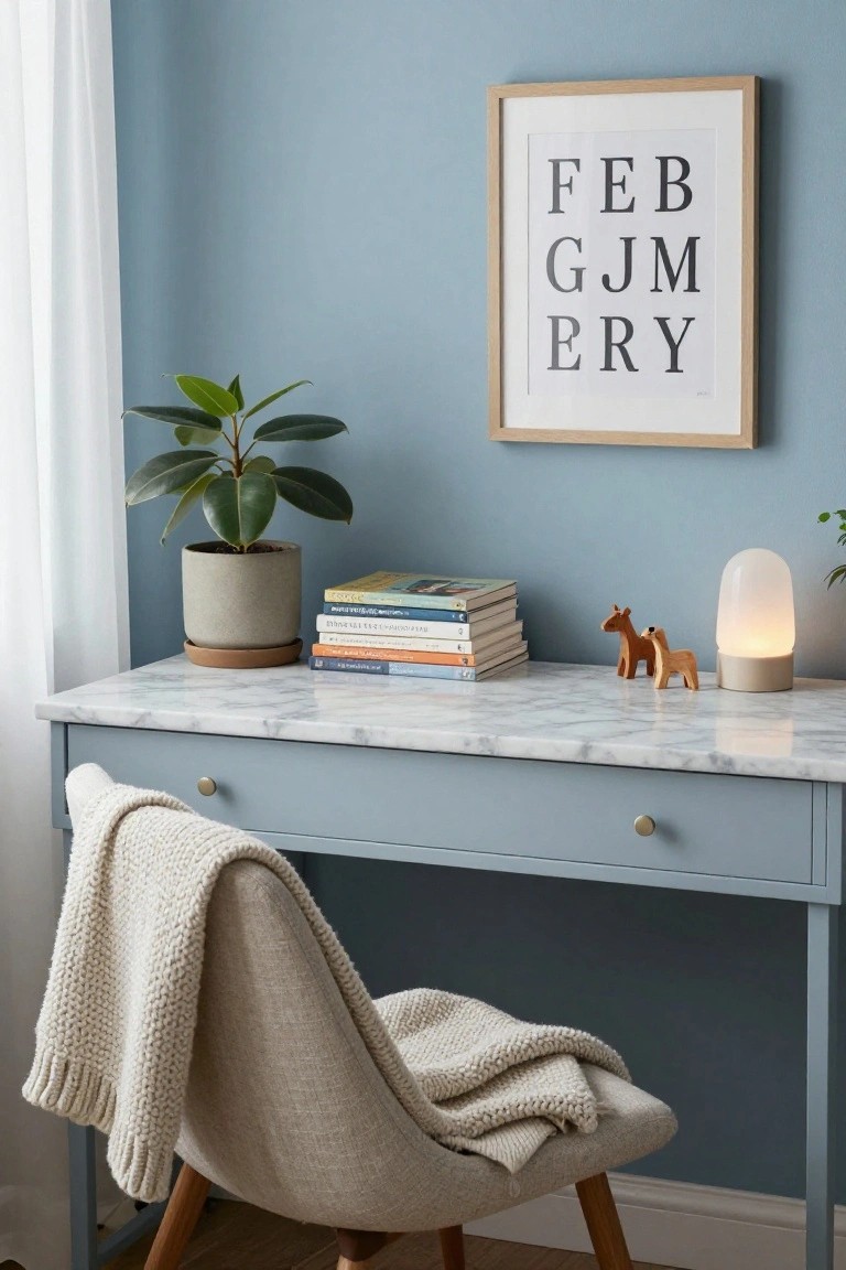 Blue dresser-style desk with white marble top and gold handles, styled with stacked books, gray plant pot, two wooden horse figures, white lamp, and cream knit throw draped over curved beige chair, in light blue room with white curtain and framed calendar.