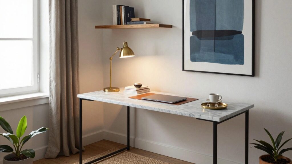 20 Marble Desk Styling Ideas for Sophisticated Workspaces A white veined marble desk with black metal legs and drawers, topped with a gold adjustable desk lamp, open brown leather notebook, stacked books, gold paperclip tray with white coffee cup and saucer, next to a potted green plant, in a room with large window, blue abstract wall art, and rattan chair.