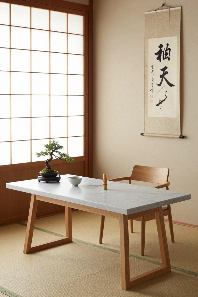 Japanese-style interior room with shoji screen window, hanging calligraphy scroll, low white marble-topped oak desk holding a bonsai tree, ceramic cup, and incense stick next to a wooden armchair on tatami flooring.