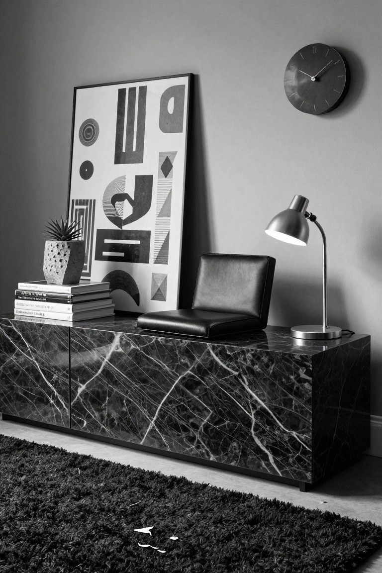 Black-and-white photo of a black marble credenza styled as a desk with stacked books, potted succulent, and leaning abstract artwork, paired with a black leather chair, adjustable lamp, wall clock, and dark rug in a modern room corner.