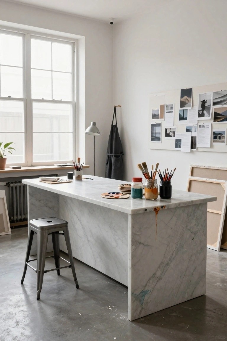 White artist's studio with large white marble desk holding paint jars, brushes, palettes, and notebooks, silver stool nearby, windows, radiator, and blank canvases on walls and floor.