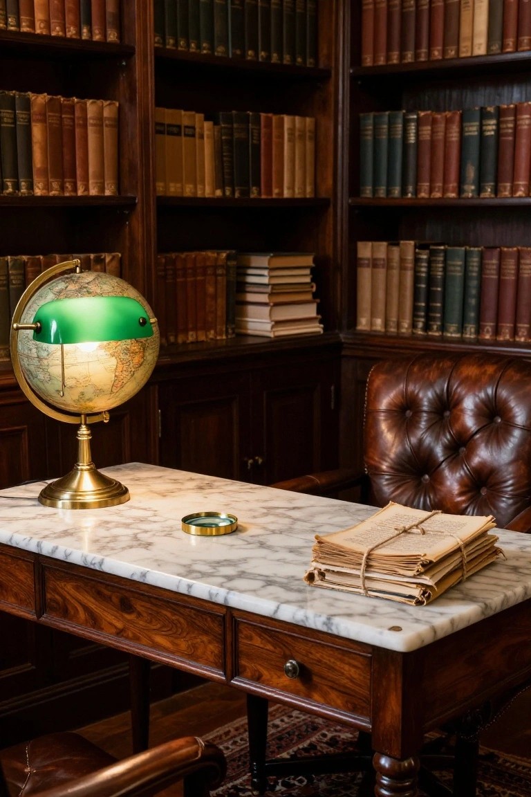 Dark wood-paneled library room with floor-to-ceiling bookshelves, wooden desk topped with white marble holding tied papers and gold ashtray, brass-based green-shaded lamp on globe stand, and tufted brown leather armchair.