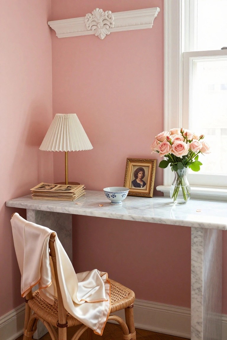 White marble corner desk in a room with blush pink walls, topped with a pleated lamp, stack of vintage photos, blue bowl, gilded portrait frame, and vase of pink roses next to a window, with a rattan chair draped in white silk scarf.