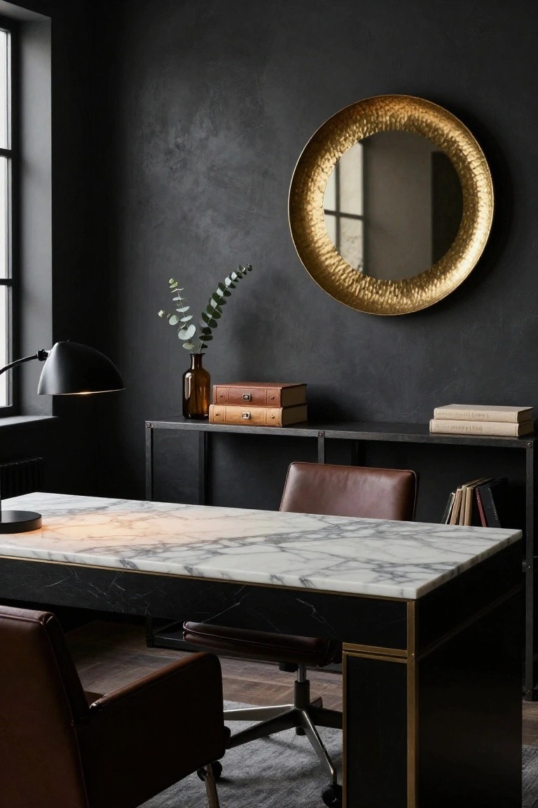 Home office with black textured walls, large white veined marble-top desk on black frame, two brown leather chairs, gold hammered round mirror, black lamp, eucalyptus vase, and books on metal shelf by window.