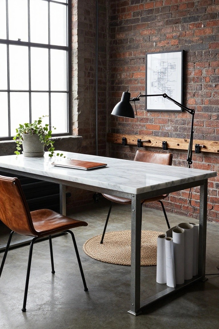White marble-topped metal desk with tan leather chairs in a brick-walled industrial room, ivy plant on desk, adjustable lamp on wall, and rolled papers nearby.