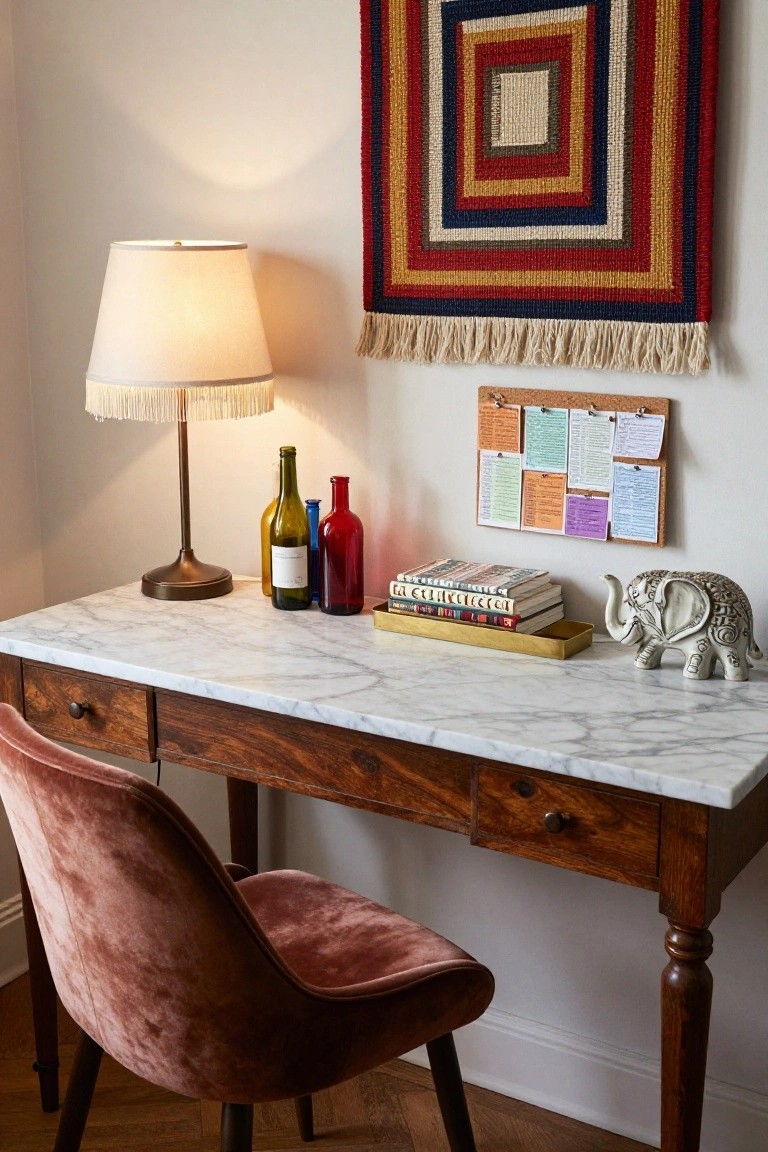 Wooden desk with white marble top and drawers, pink velvet chair, brass tray holding stacked books, two wine bottles, ceramic elephant statue, table lamp, corkboard with notes, and colorful woven wall hanging in a room with parquet floor.