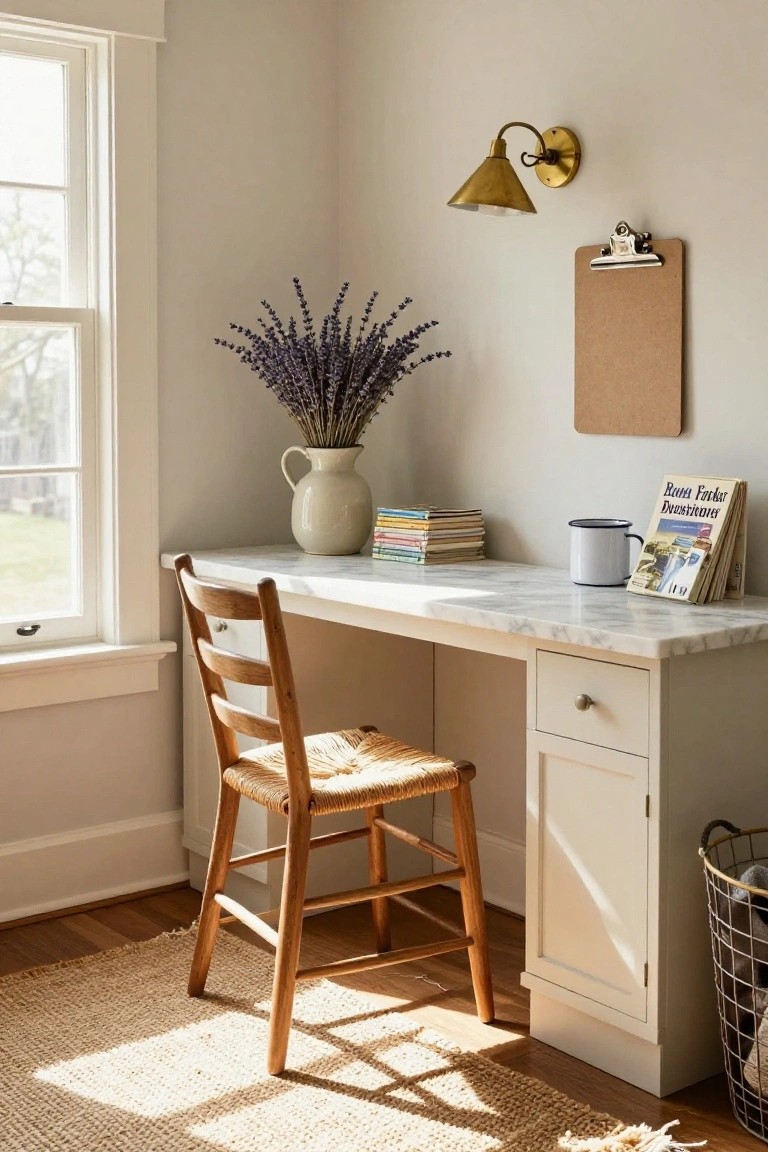 White marble-topped wooden desk in a beige-walled corner with ladder-back chair, lavender bouquet in cream pitcher, stack of books, enamel mug with open book, corkboard clipboard on wall, and window view outside.