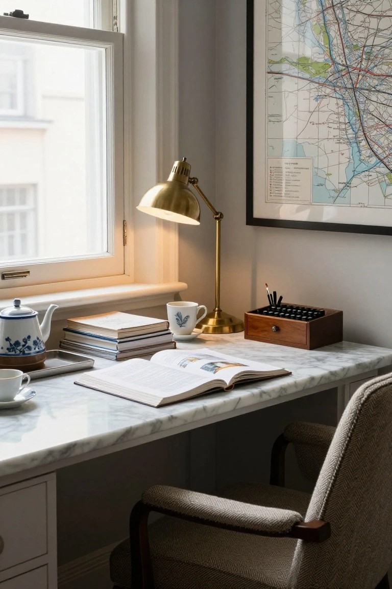 White marble-topped desk with blue and white porcelain teapot on tray, matching cup and saucer, white mug, stacked books, open book, wooden box holding black-handled brushes and pens, gold adjustable lamp, beside window with map print on wall and tweed armchair.