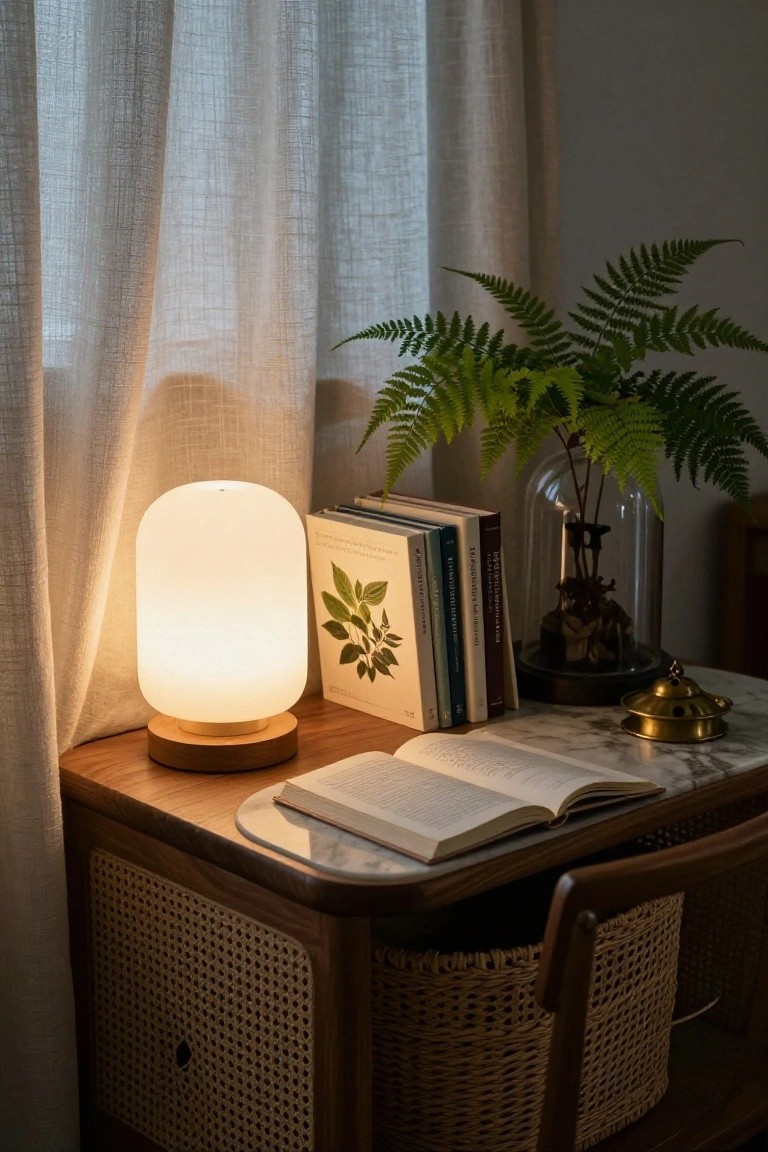 Wooden side table with white marble top holding an open white book, white glass globe lamp on wood base, stacked books with plant covers, glass-domed fern plant, and brass incense burner, next to rattan chair and sheer white curtains.