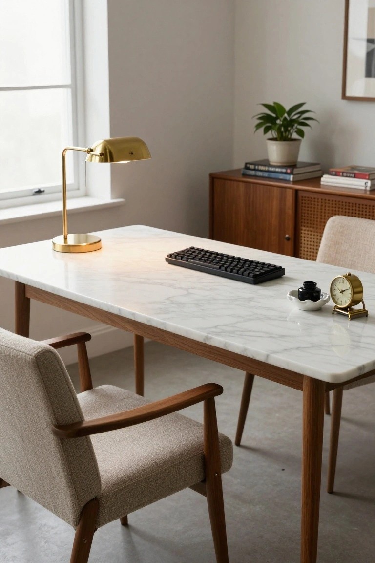 White marble-top desk with tapered wooden legs and matching wooden chair in a light room, topped with black mechanical keyboard, gold adjustable lamp, small white dish with inkwell, and brass alarm clock.