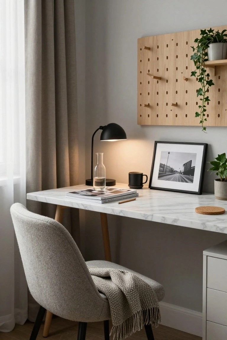 Home office corner with white marble-top desk on wooden legs, holding stacked magazines, glass vase, black desk lamp, coffee mug, black-framed photo, and cork coaster, pegboard wall with ivy plant above, cream chair with knit throw, near window with sheer curtains.
