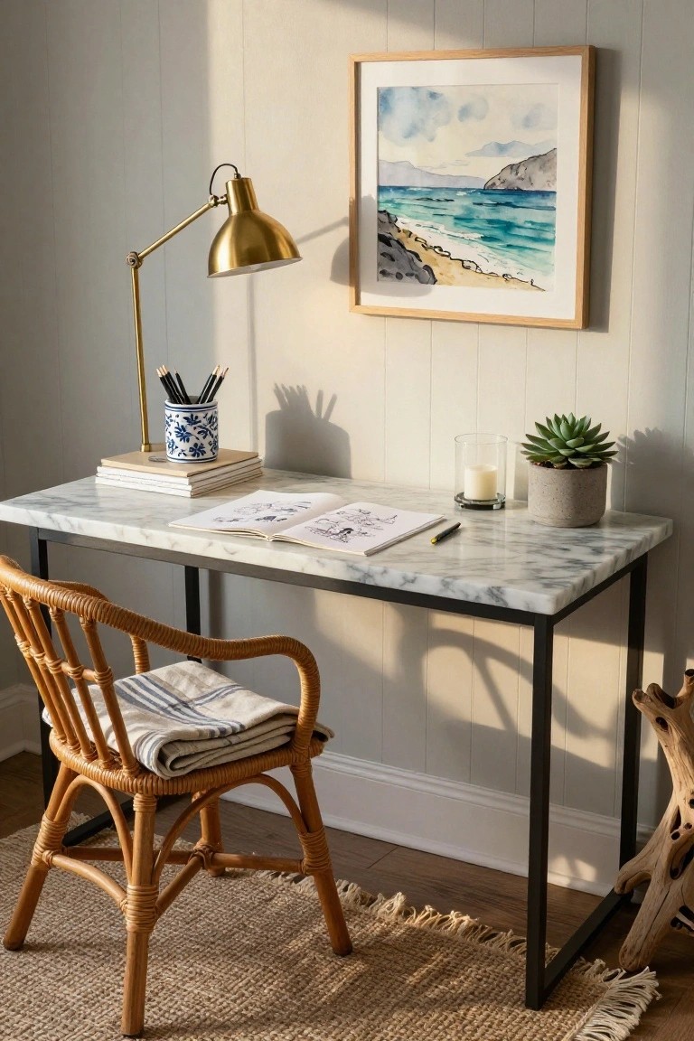 White marble-topped desk on black metal legs in a light interior, with rattan armchair draped in a striped throw, gold desk lamp, blue and white pencil holder, open sketchbook, stacked books, glass candle holder, gray pot with succulent, and framed watercolor seascape on the wall.