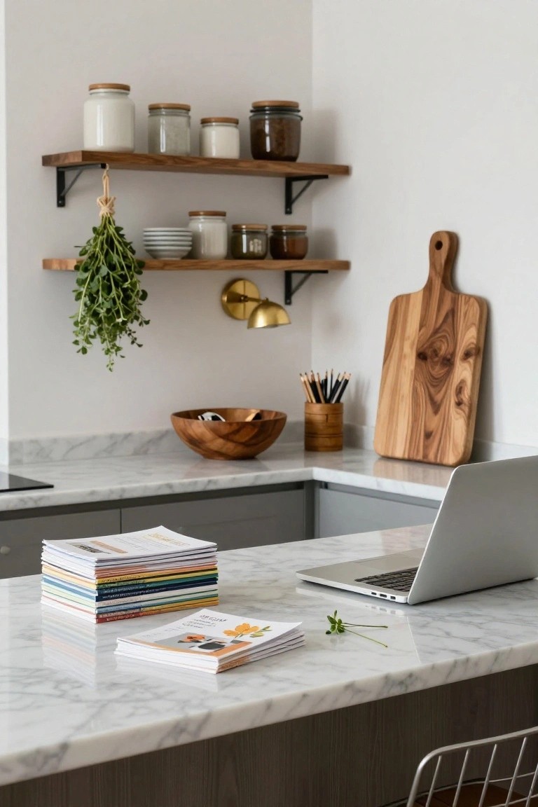 Gray kitchen island with white marble countertop holding an open silver laptop, tall stack of multicolored magazines, smaller pile of white papers, and a sprig of green herb, with wooden shelves above displaying jars, hanging herbs, wooden bowl, and cutting board.