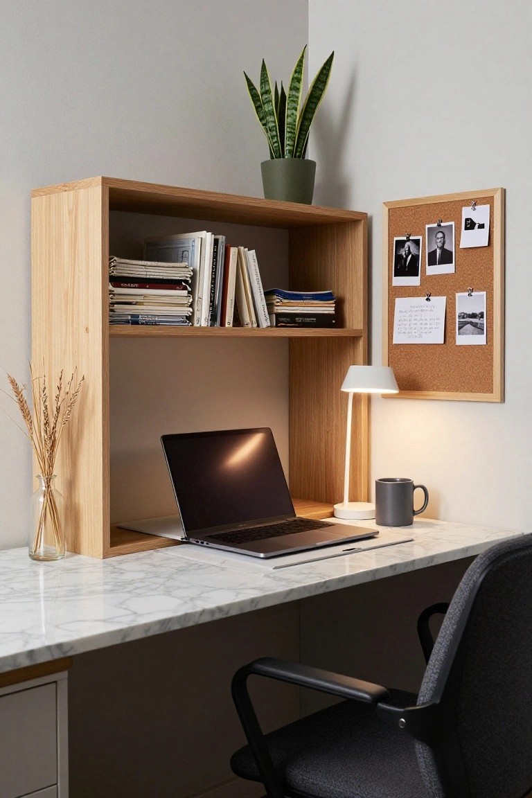Light oak open shelving unit mounted above a white marble desk in a workspace, with books and plants on shelves, laptop and mug on desk, desk lamp, snake plant in green pot, corkboard with notes and photos on wall, and black office chair.