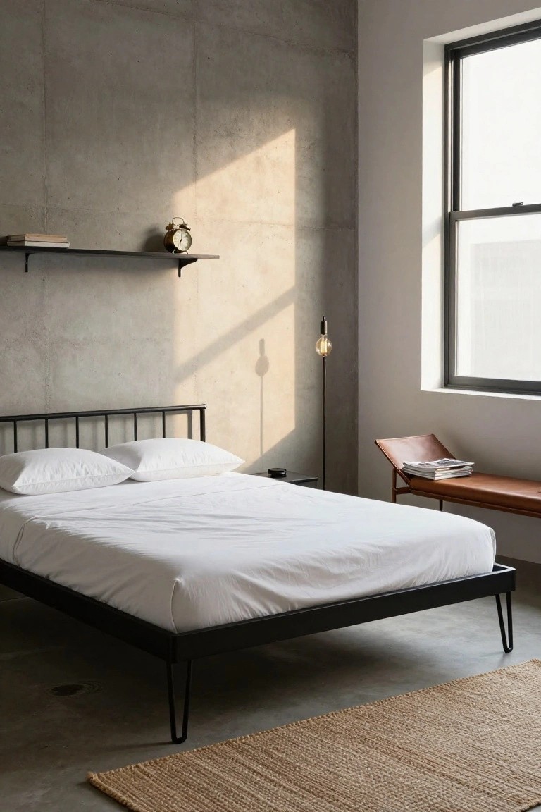 Minimalist bedroom with black metal bed frame on hairpin legs, white bedding, concrete wall, wall shelf holding books and clock, floor lamp, leather bench with magazines, and large window.