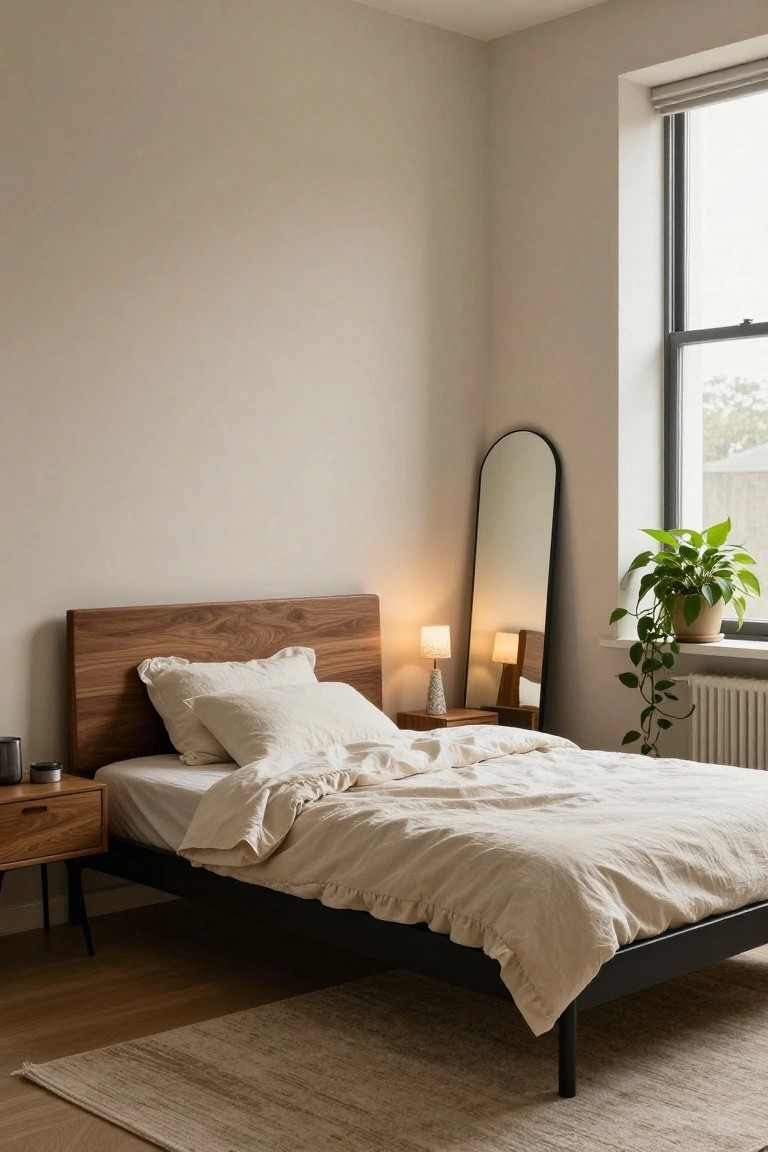 A cozy bedroom corner with a low bed on black metal legs and walnut wood headboard, white rumpled sheets and pillows, wooden nightstand with lamp and vase, tall arched mirror, potted trailing plant by the window, beige walls, and hardwood floor with rug.