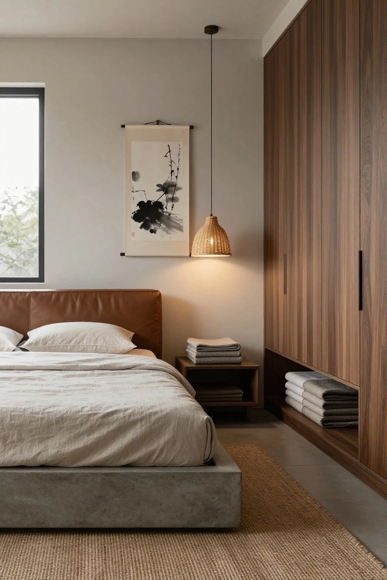 Minimalist bedroom with low gray concrete platform bed dressed in white linen sheets and pillows against a brown leather headboard, next to tall walnut wardrobes with folded linens, under a rattan pendant lamp and beside a window with ink brush painting on wall.