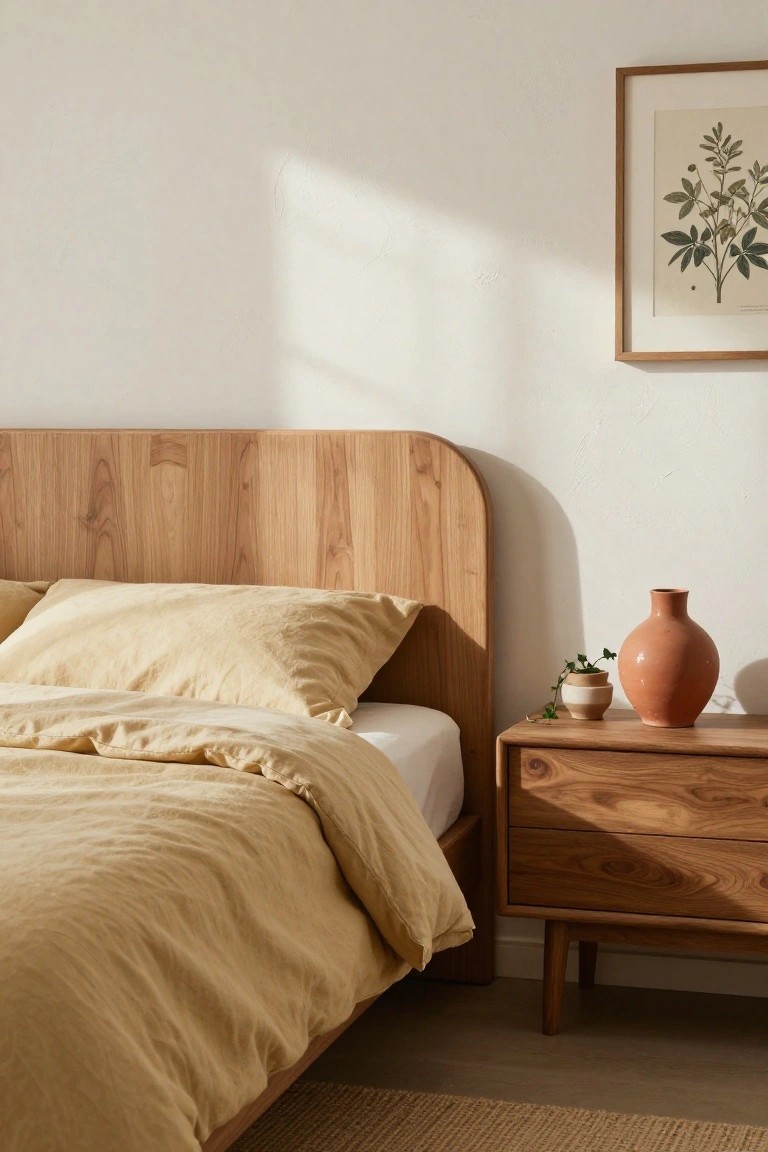Minimalist bedroom with low wooden bed frame featuring curved headboard, pale yellow linen bedding and pillows, wooden nightstand with terracotta vase and small potted plant, framed botanical print on white wall, natural light from window.