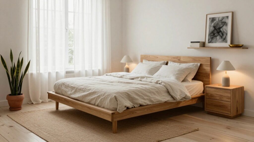 A minimalist bedroom corner with a low oak platform bed draped in white linen sheets and a gray throw, flanked by two wood nightstands with white ceramic lamps, a potted snake plant, sheer window curtains, and a framed line drawing on white walls over light wood floors.