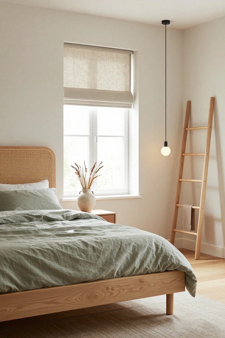 A minimalist bedroom with a light oak bed frame featuring a curved rattan headboard, sage green linen bedding, a tall wooden ladder shelf in the corner, a pendant light, and a window with linen roman shades.
