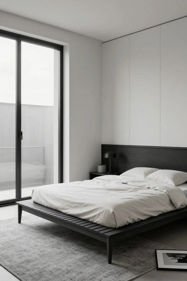 Minimalist bedroom interior featuring a low black wooden platform bed with slatted base and tapered legs, white linens, black bedside lamp on nightstand, large sliding glass doors to balcony, white walls, and gray rug.