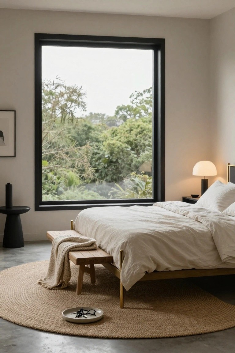 A minimalist bedroom with low wooden bed frame and white linens, wooden bench at foot, black side tables, white lamp, large black-framed window overlooking trees and greenery, seagrass rug on concrete floor.