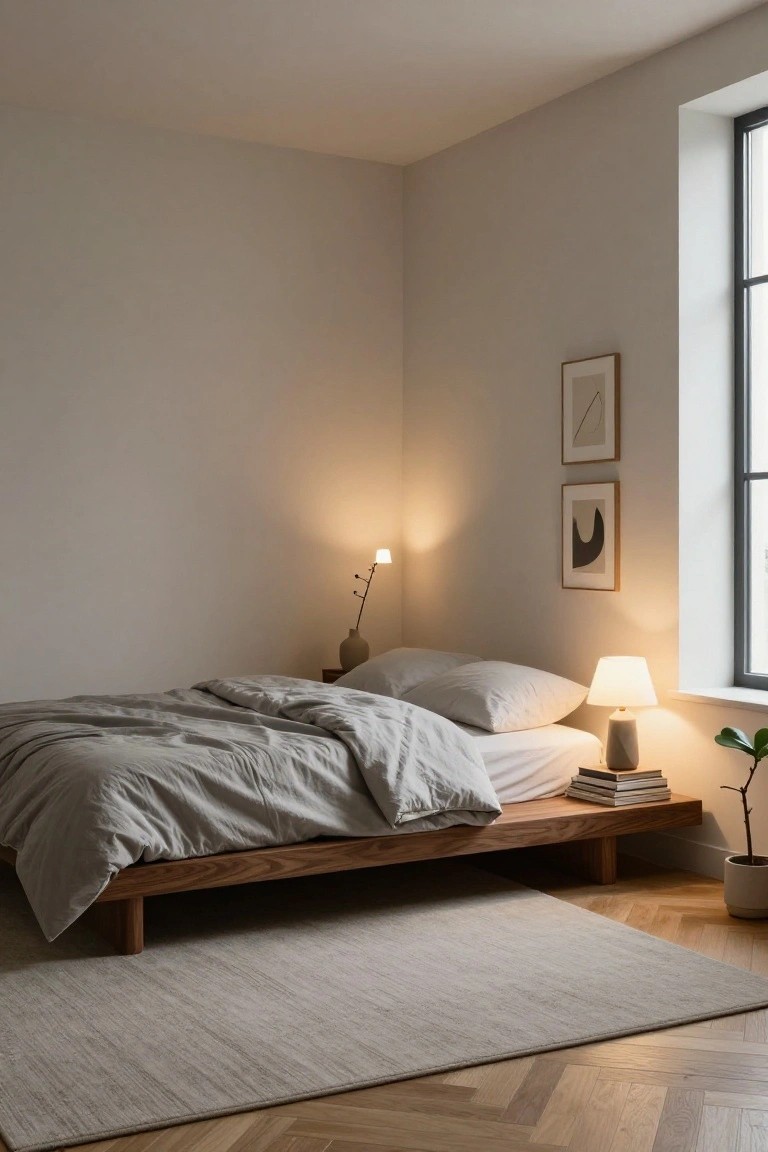 Minimalist bedroom corner with low oak platform bed, gray linens, two bedside lamps, potted plant, books, abstract framed art on beige walls, large window, and herringbone wood floor.