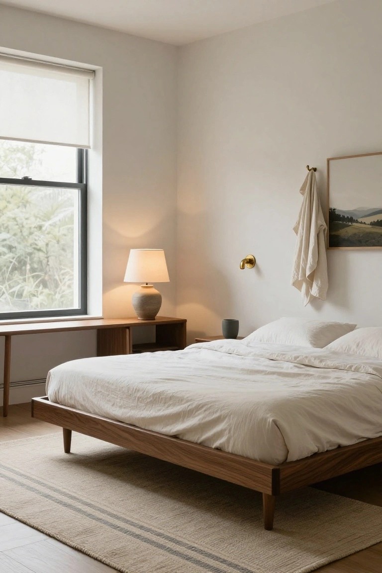 Minimalist bedroom with wooden bed, white linens, and warm lighting.