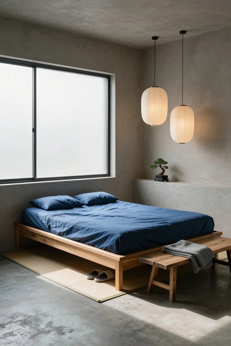 Minimalist bedroom with low wooden platform bed draped in navy sheets and pillows, wooden bench with gray throw blanket at foot, bonsai on wall shelf, two hanging paper lanterns, and large frosted sliding window against textured gray walls and concrete floor.