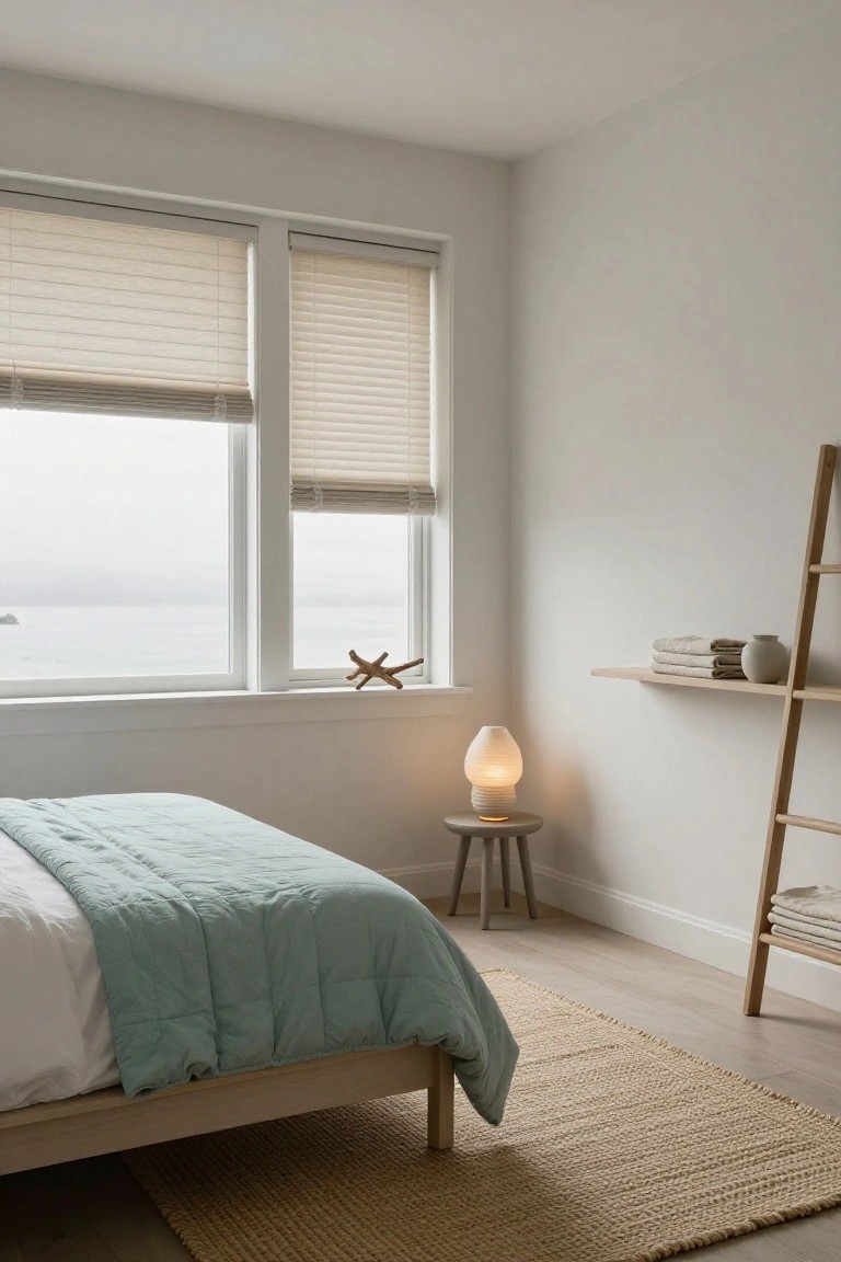 A minimalist bedroom with a low wooden platform bed draped in a light teal quilt, beside large windows with sheer blinds overlooking a foggy sea view, a small lamp on a stool, wooden ladder shelf with linens, and a seastar on the windowsill.