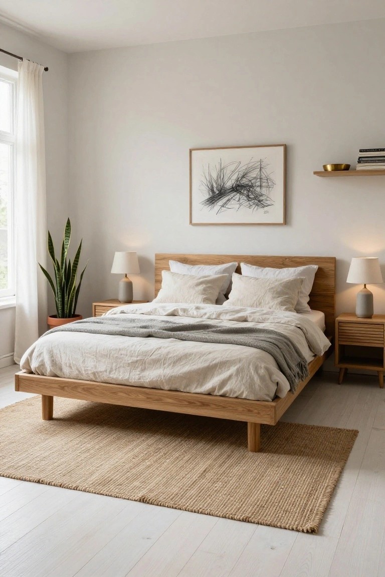 A minimalist bedroom corner with a low oak platform bed draped in white linen sheets and a gray throw, flanked by two wood nightstands with white ceramic lamps, a potted snake plant, sheer window curtains, and a framed line drawing on white walls over light wood floors.