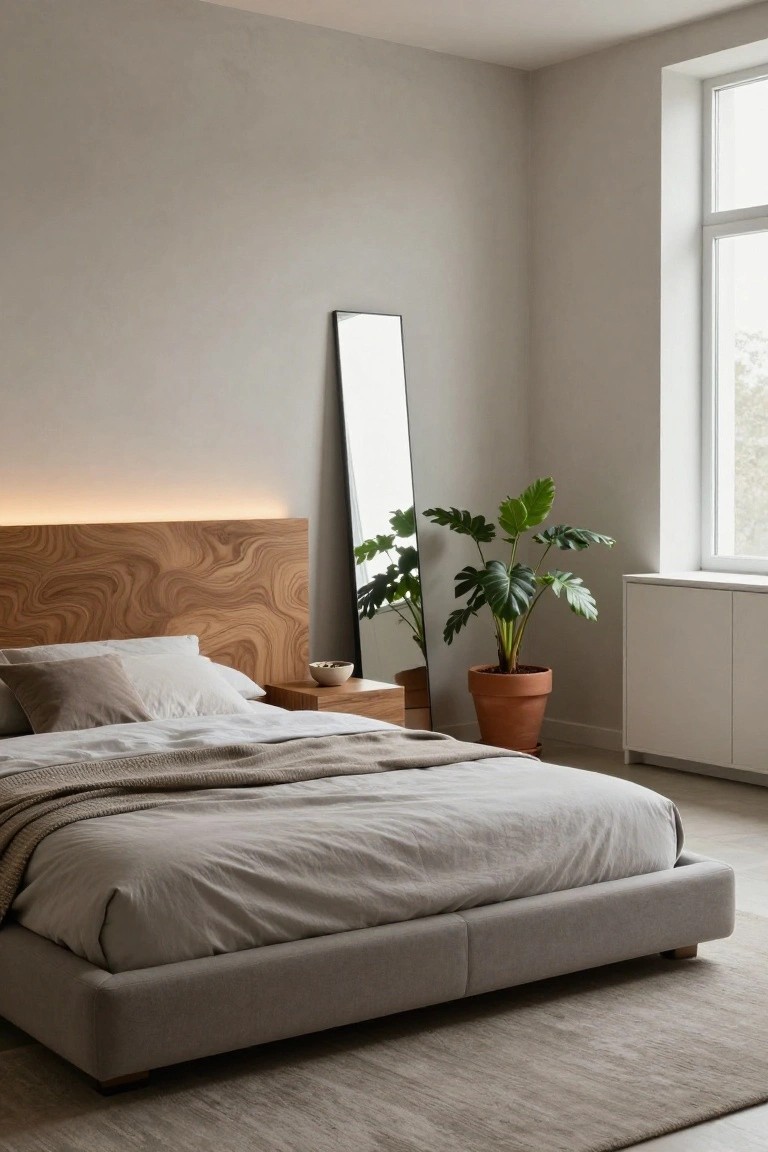Minimalist bedroom with light gray upholstered bed frame, wavy grain wooden headboard with LED backlight, full-length mirror, monstera plants in pots, wooden nightstand, and neutral walls.