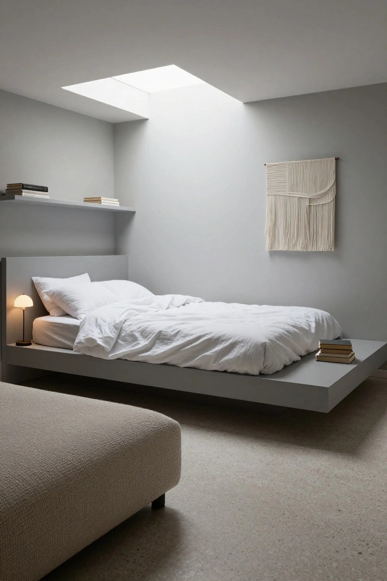 A minimalist bedroom with a low gray floating platform bed draped in white linens, a small bedside lamp, books on built-in shelves and the bed platform, a woven wall hanging, skylight above, and beige ottoman on concrete floor.