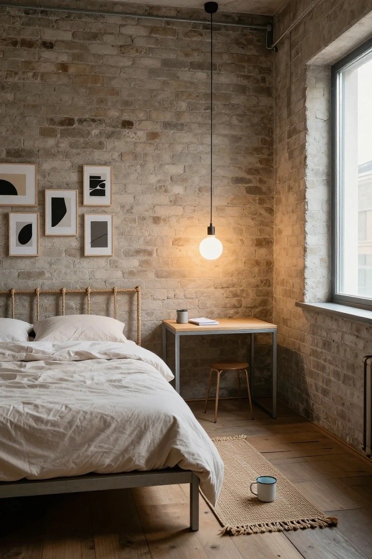 Corner of a minimalist bedroom with exposed brick walls, black metal bed frame with rattan-wrapped headboard posts, white bedding, small wooden desk and stool, pendant light, and framed abstract art.