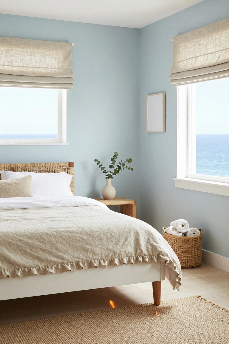 A minimalist bedroom corner featuring a white bed frame with wooden legs and rattan headboard, light gray linen bedding with ruffles, wooden side table holding a vase of eucalyptus, linen roman shades on two windows with ocean view, and a rattan basket of white towels on light wood floors.